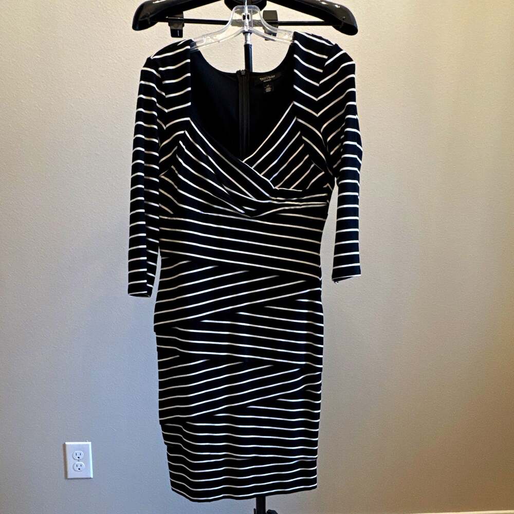 White House Black Market Petites Dress 12P Black White Striped V-Neck Sheath